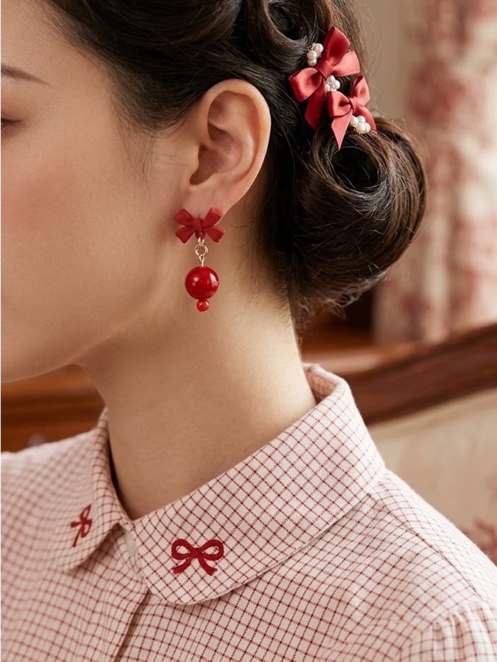 NEW Amimi handmade Red bow with Red Pearl Earrings #5